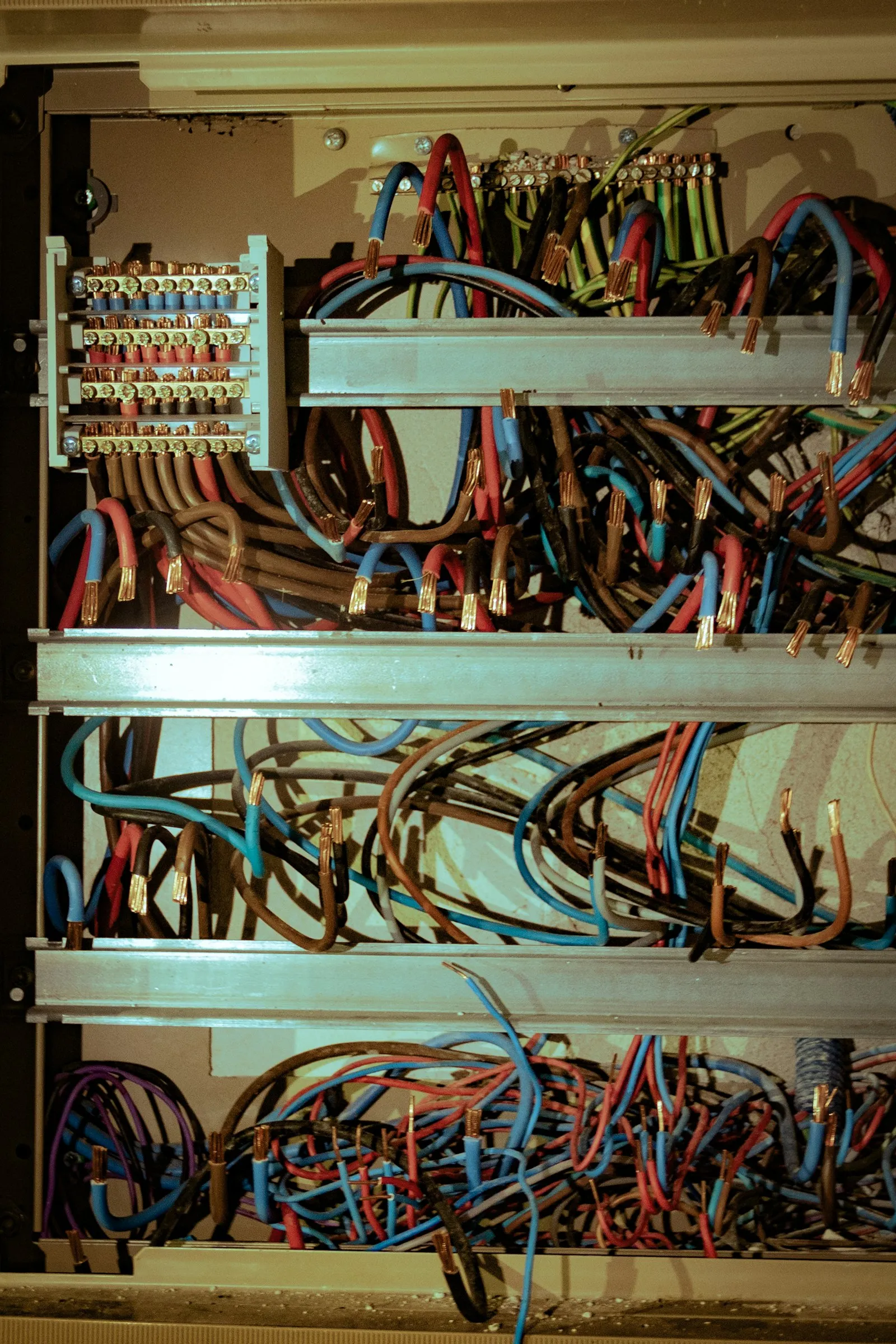 Panel baru dengan 12 MCB berlabel per kamar dan panel utama untuk kontrol pemilik