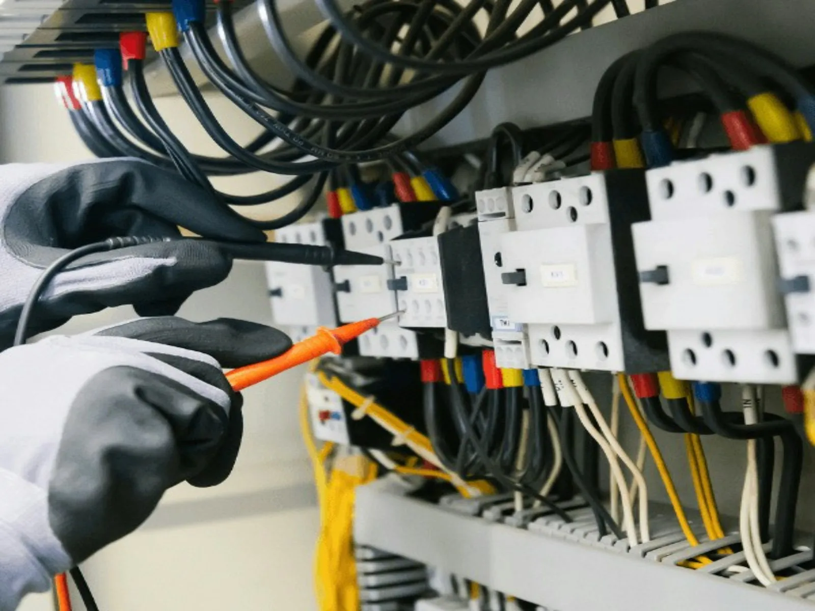 Teknisi memeriksa panel listrik dengan multimeter di sebuah rumah tinggal